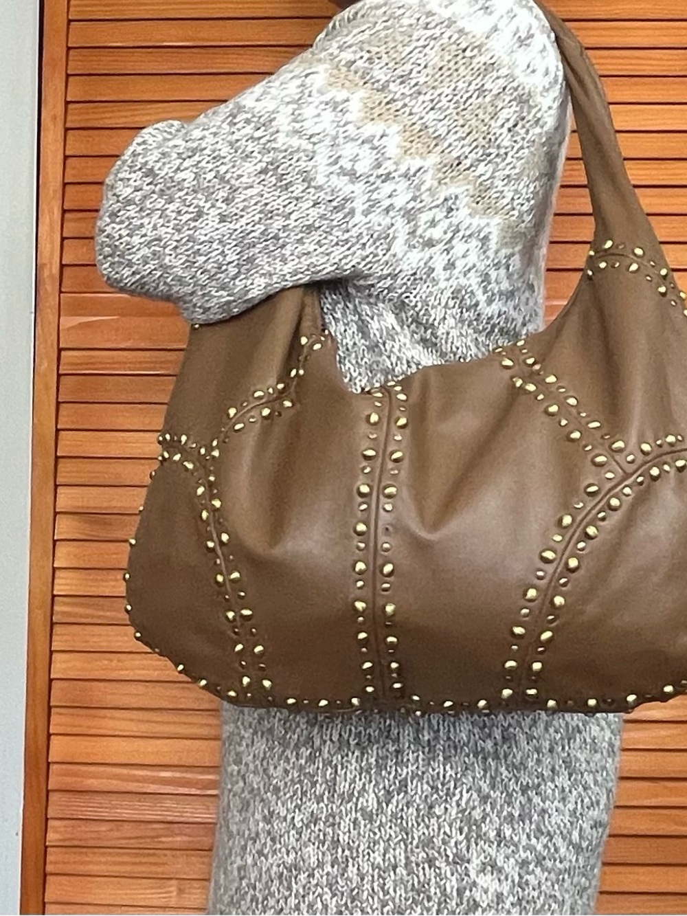 Stud-Trim Tan Leather Shoulder Bag